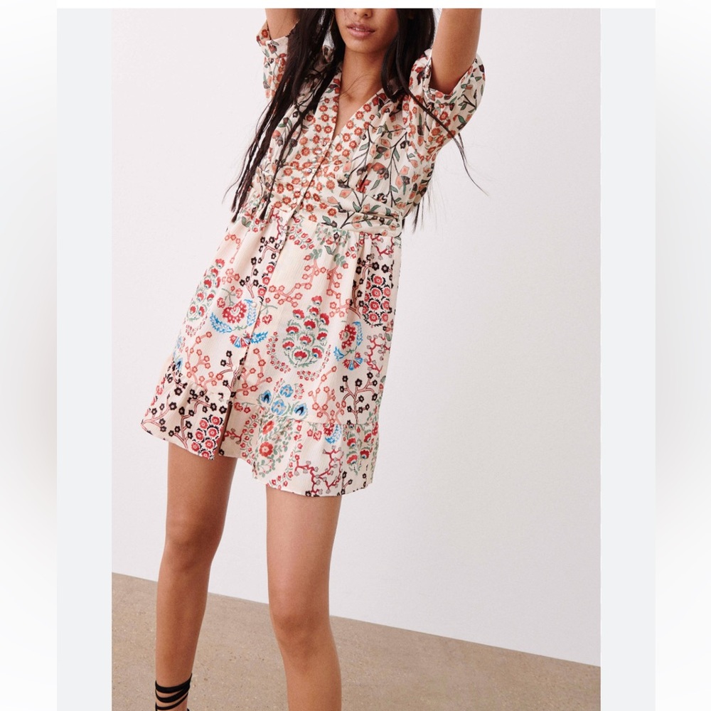 BA&SH Ganiela Mixed-Print Floral Button-front Mini Dress